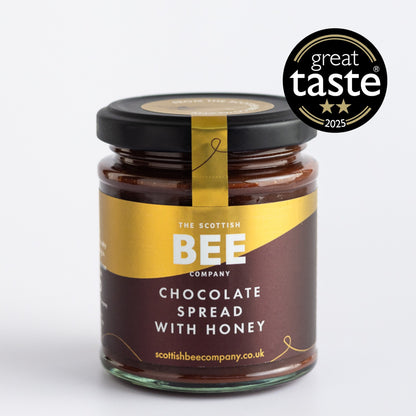 Jar of chocolate spread with honey from The Scottish Bee Company, featuring a Great Taste award badge.