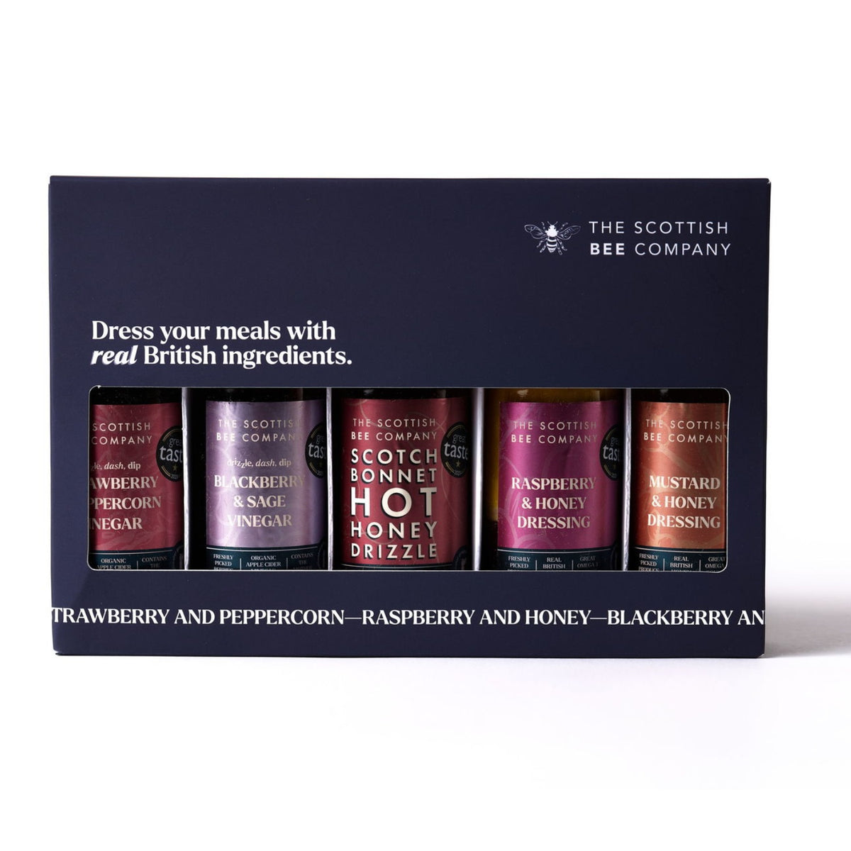 Packaging of The Scottish Bee Company condiment set on a white background