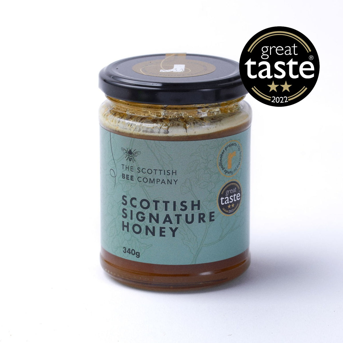 Jar of Scottish Signature Honey from The Scottish Bee Company with a Great Taste award badge on a white background